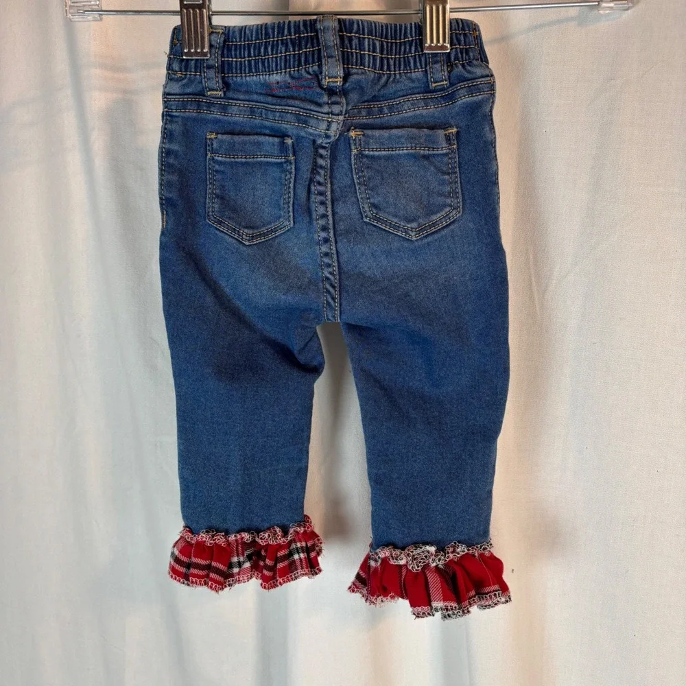 Old Navy Baby Girls Ballerina‎ Jeans Plaid Ruffle Hem Blue Denim Pants 6-12M